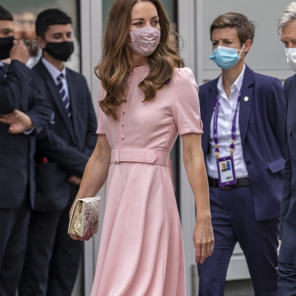 Kate Middleton arrive à la finale Messieurs du tournoi de tennis de Wimbledon au All England Lawn Tennis and Croquet Club à Londres, Royaume Uni, le 11 juillet 2021.