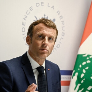 Le président de la République française Emmanuel Macron lors d'une conférence internationale de soutien à la population libanaise en visioconférence depuis le Fort de Brégançon, France, le 4 août 2021. © Christophe Simon/Pool/Bestimage 