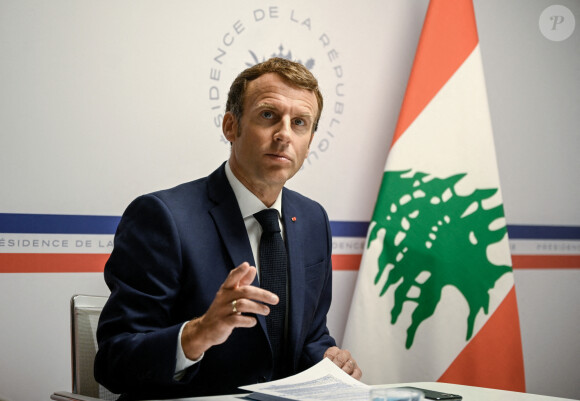 Le président de la République française Emmanuel Macron lors d'une conférence internationale de soutien à la population libanaise en visioconférence depuis le Fort de Brégançon, France, le 4 août 2021. © Christophe Simon/Pool/Bestimage 