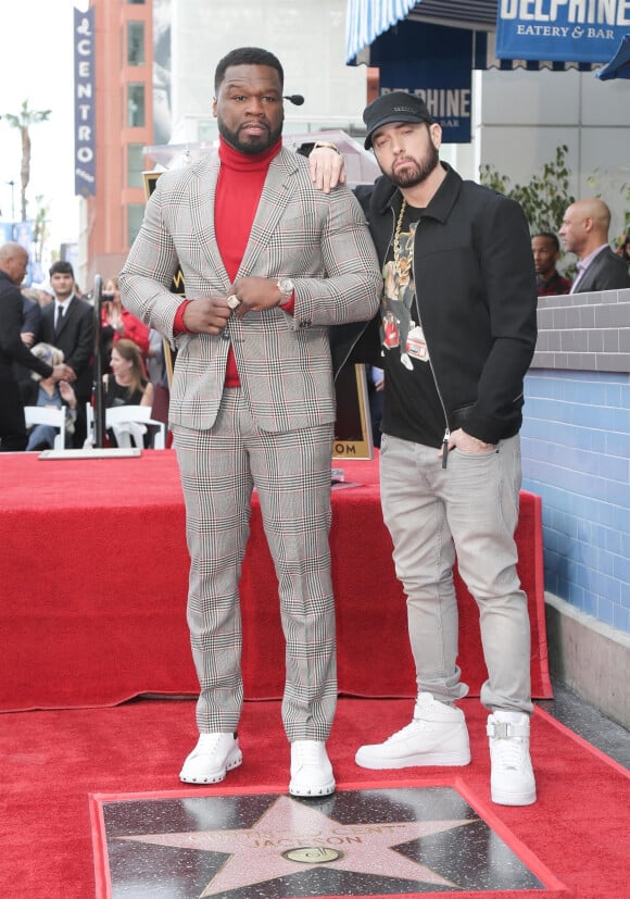 Eminem et 50 Cent (Curtis Jackson III) qui reçoit son étoile sur le célèbre Walk of Fame à Hollywood, le 30 janvier 2020.