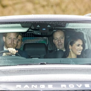 Le prince Harry, duc de Sussex, et Meghan Markle, duchesse de Sussex, arrivent à l'Eglise "All Saints Church" à Windsor pour assister à la messe dominicale aux côtés de la reine Elisabeth II d'Angleterre, le 8 mars 2020.