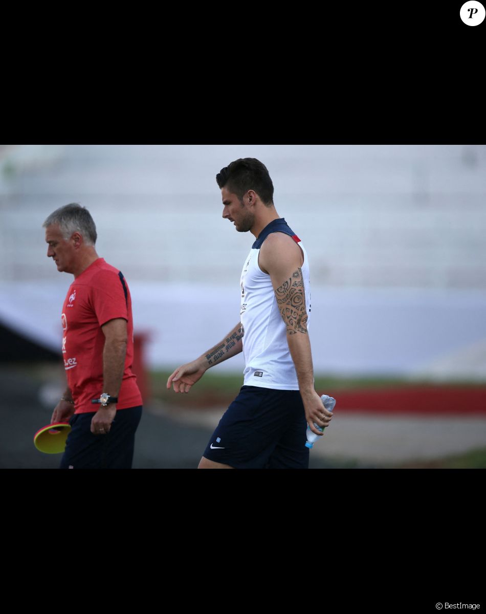 Didier Deschamps et Olivier Giroud - Entraînement de l'équipe de France de football à Ribeirao Preto au Brésil le 17 juin 2014.