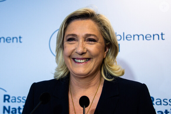 Déclaration de Marine Le Pen, présidente du Rassemblement Nationale, le soir des résultats du deuxième tour des élections régionales à Paris le 27 juin 2021. © Federico Pestellini / Panoramic / Bestimage