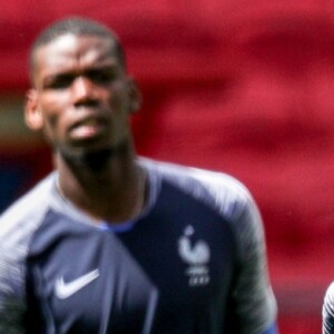 Benjamin Mendy, Paul Pogba, Antoine Griezmann et Florian Thauvin pendant un entraînement lors de la coupe du monde au stade Kazan Arena à Kazan, Russie, le 14 juin 2018.