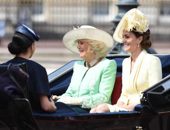 Meghan Markle, duchesse de Sussex, Camilla Parker Bowles, duchesse de Cornouailles, Catherine (Kate) Middleton, duchesse de Cambridge lors du 93ème anniversaire de la reine Elisabeth II, au palais de Buckingham, Londres, le 8 juin 2019. 