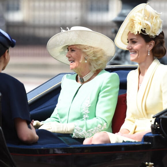 Meghan Markle, duchesse de Sussex, Camilla Parker Bowles, duchesse de Cornouailles, Catherine (Kate) Middleton, duchesse de Cambridge lors du 93ème anniversaire de la reine Elisabeth II, au palais de Buckingham, Londres, le 8 juin 2019. 