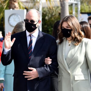 Exclusif - Pauline Ducruet, le prince Albert II de Monaco, la princesse Stéphanie de Monaco et Camille Gottlieb (marraine de Monaco One) lors du baptême de la navette Monaco One qui reliera les ports de Monaco et Vintimille, à Monaco, le 8 mars 2021. © Bruno Bebert/ PRM / Bestimage