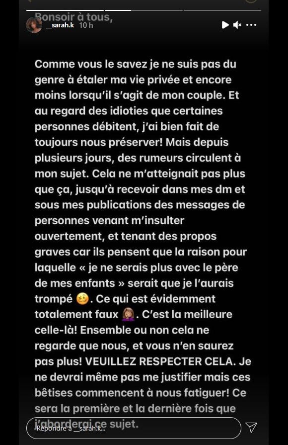 Sarah, la compagne de Presnel Kimpembé, s'exprime sur sa relation avec le footballeur. Story Instagram du 8 septembre 2021.