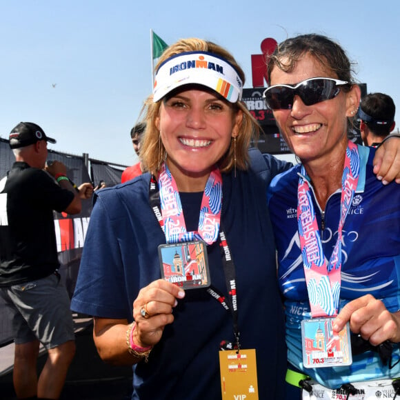 Exclusif - Laura Tenoudji Estrosi et Magali Reymomenq, athléte confirmée qui l'a encadrée durant l'épreuve de natation, durant l'IronMan 70.3 2021 à Nice le 12 septembre 2021. © Bruno Bebert / Bestimage