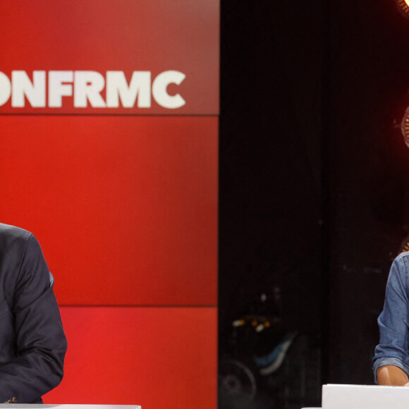 Olivier Truchot, Estelle Denis - Conférence de presse de rentrée de RMC / RMC Sport saison 2021/2022 à l'Altice Campus à Paris, France, le 30 août 2021. © Christophe Clovis / Bestimage