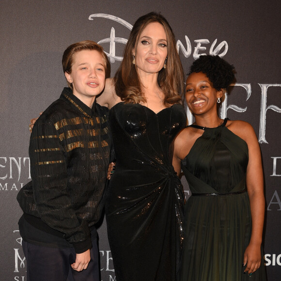 Shiloh Jolie Pitt, Angelina Jolie et Zahara Jolie Pitt - Première de "Maléfique : Le pouvoir du Mal" à Rome, le 7 octobre 2019. 