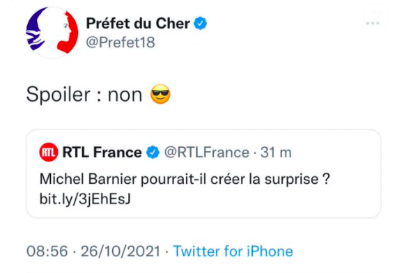 Tweet de la préfecture du Cher se moquant de Michel Barnier, puis qui a été rapidement supprimé