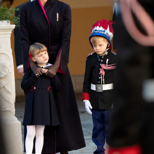 La princesse Charlène de Monaco, la princesse Gabriella de Monaco, comtesse de Carladès, le prince Jacques de Monaco, marquis des Baux - La famille princière assiste à une cérémonie de remise de médaille dans la cours du Palais de Monaco lors de la Fête Nationale 2020 de la principauté de Monaco le 19 novembre 2020. © David Nivière / Pool / Bestimage