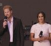 Capture d'écran de l'intervention du Prince Harry et sa femme Meghan Markle pendant le concert "Global Citizen Live" à New York City, New York, etats-Unis, le 26 septembre 2021. 