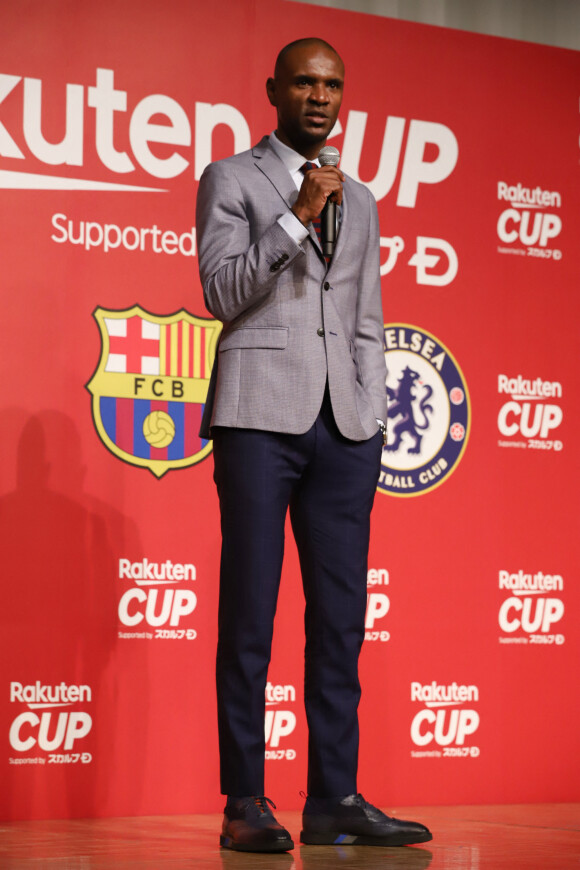 Eric Abidal en conférence de presse pour présenter les matchs du FC Barcelone lors de la Japan Cup Rakuten 2019.
