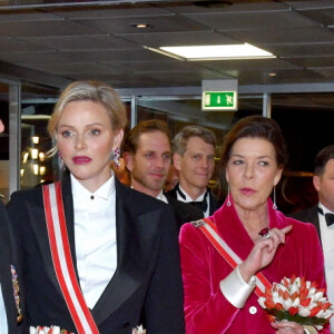 Le prince Albert II de Monaco, la princesse Charlène, Andrea Casiraghi, la princesse Caroline de Hanovre, Sean Wittstock, Beatrice Borromeo, Chantell Violet Serfontein (la femme de Sean Wittstock) - Arrivées à la soirée de gala à l'occasion de la fête nationale monégasque au Grimaldi Forum à Monaco le 19 novembre 2019. Cette année, c'est le l'opéra Lucia di Lammermoor qui est joué sur la scène de la salle des Princes. © Bruno Bebert / Pool Monaco / Bestimage