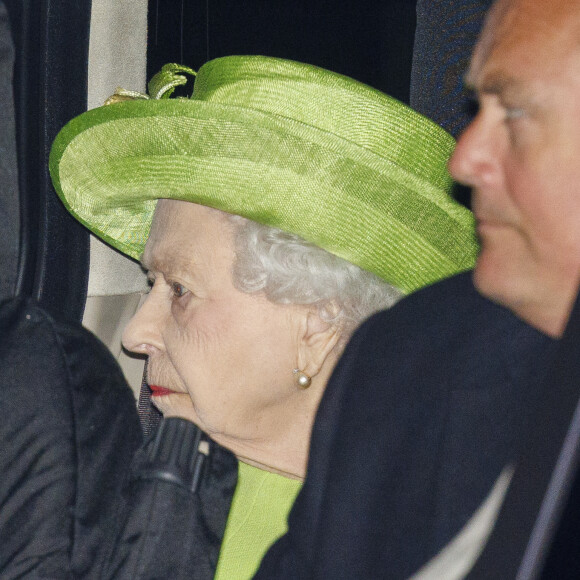 La reine Elizabeth II d'Angleterre et des membres de la famille royale arrivent à la Chapelle Royale de Tous les Saints à Windsor pour le double baptême d'August Brooksbank et de Lucas Tindall, les deux nouveaux arrières-petits-fils de sa majesté Elizabeth II d'Angleterre.