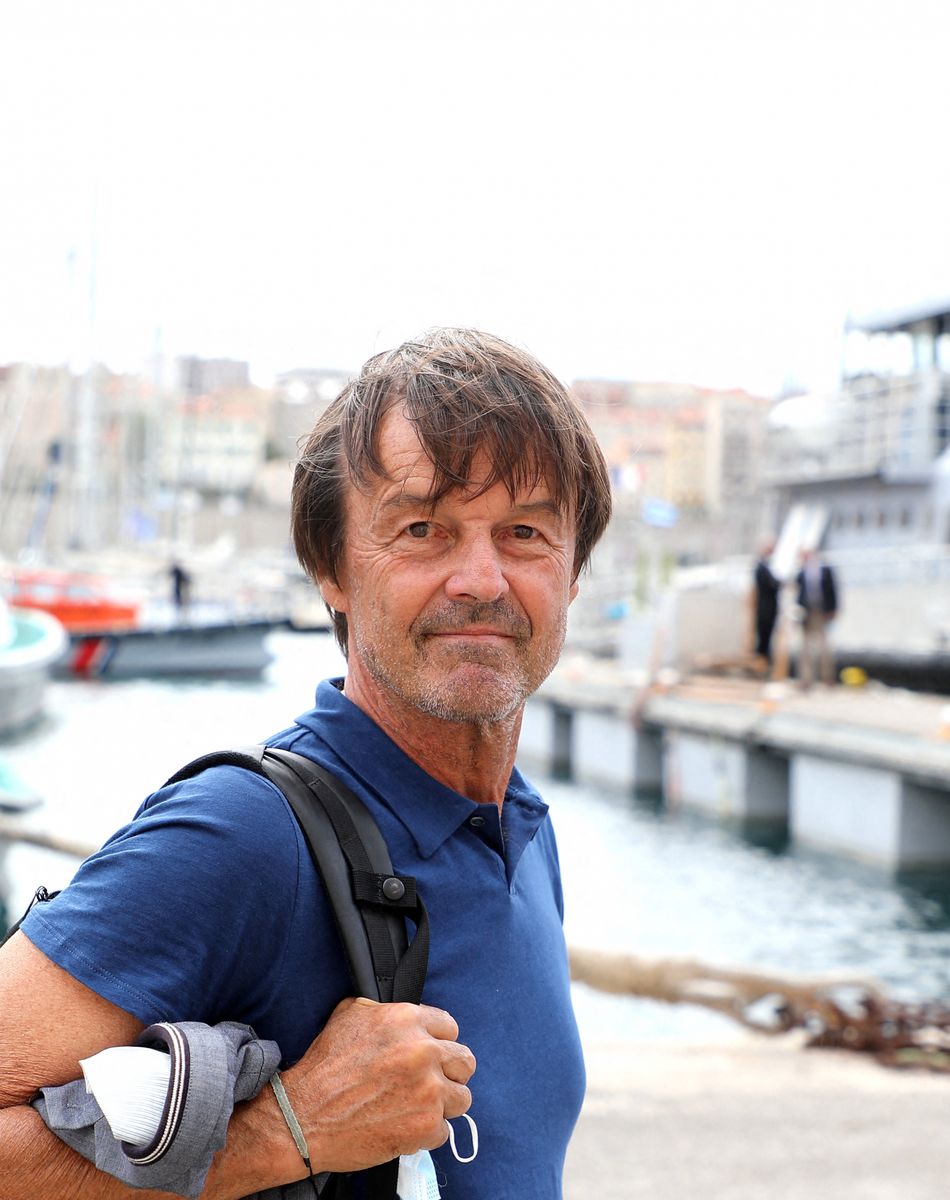L'ancien ministre de l'Écologie Nicolas Hulot lors de la conférence de presse du président de la République après la sortie en mer à bord du navire scientifique "Alfred Merlin" à Marseille Marseille, France, le 3 septembre 2021. © Dominique JacovidesBestimage