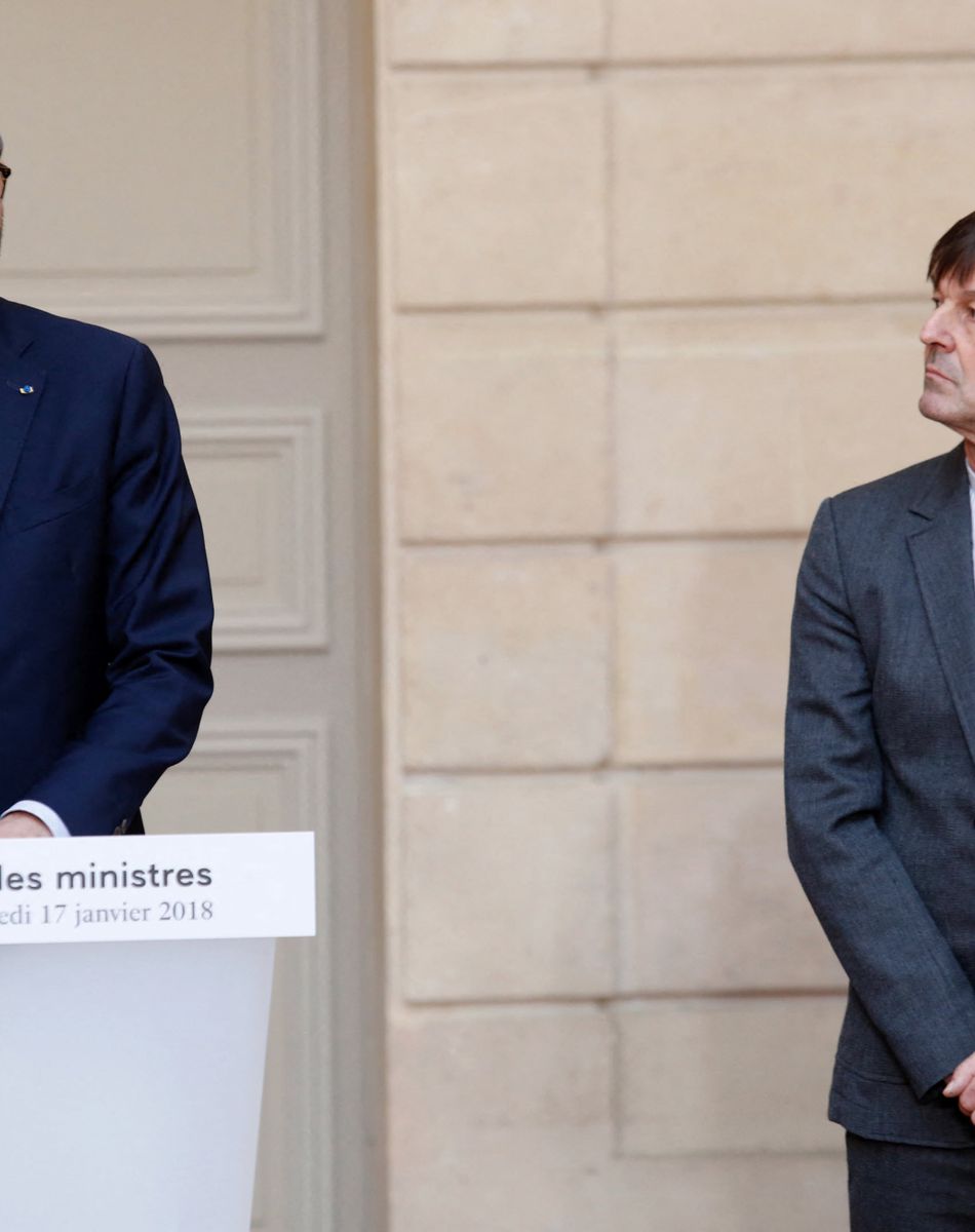 Edouard Philippe, Premier ministre et Nicolas Hulot, ministre de la Transition écologique - Le premier ministre Edouard Philippe annonce le retrait du projet de construction d'un nouvel aéroport à Notre Dame des Landes après le conseil des ministres du 17 janvier 2018 à Paris. © Denis Allard / Pool / Bestimage