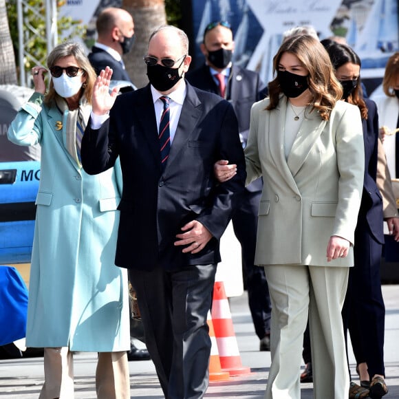 Exclusif - La princesse Caroline de Hanovre, Pauline Ducruet, le prince Albert II de Monaco et Camille Gottlieb (marraine de Monaco One) lors du baptême de la navette Monaco One qui reliera les ports de Monaco et Vintimille, à Monaco, le 8 mars 2021. © Bruno Bebert/ PRM / Bestimage