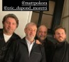 Matt Pokora, Philippe Lellouche, Eric Dupond-Moretti et Michel Lumbroso après la dernière représentation de la pièce Les grandes ambitions, au théâtre de la Madeleine, à Paris.