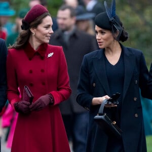 Catherine Kate Middleton, la duchesse de Cambridge et Meghan Markle, la duchesse de Sussex enceinte - La famille royale britannique se rend à la messe de Noël à l'église Sainte-Marie-Madeleine à Sandringham, le 25 décembre 2018. 