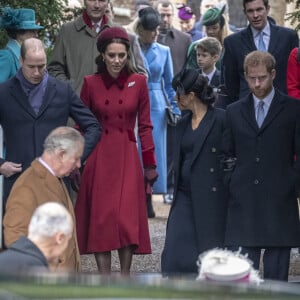 Le prince William, duc de Cambridge, Catherine Kate Middleton, la duchesse de Cambridge, Meghan Markle, duchesse de Sussex enceinte, le prince Harry La famille royale britannique se rend à la messe de Noël à l'église Sainte-Marie-Madeleine à Sandringham, le 25 décembre 2018. 