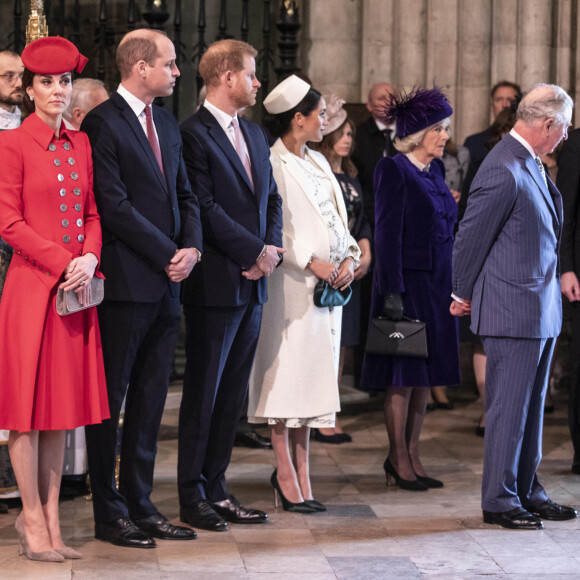 Le prince William, duc de Cambridge, Catherine (Kate) Middleton, duchesse de Cambridge, le prince Harry, duc de Sussex, et Meghan Markle, duchesse de Sussex, enceinte, le prince Charles, prince de Galles, et Camilla Parker Bowles, duchesse de Cornouailles, - La famille royale britannique à la messe en l'honneur de la journée du Commonwealth à l'abbaye de Westminster à Londres, Royaume Uni, le 11 mars 2019. 