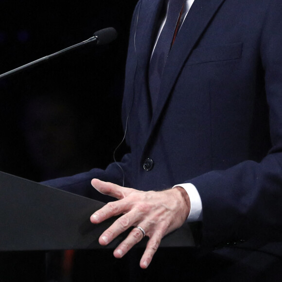 Le président de la République, Emmanuel Macron lors de la conférence de presse conjointe avec les Chefs de Délégation du Sommet du groupe de Visegrad, Budapest, Hongrie, le 13 décembre 2021. © Stéphane Lemouton/Bestimage 