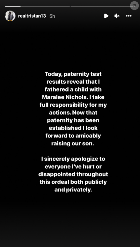 Tristan Thompson confirme qu'il est bien le père d'un troisième enfant, né d'une liaison avec Maralee Nichols. Story Instagram du 3 janvier 2022.