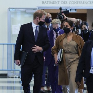 Le prince Harry, duc de Sussex et Meghan Markle arrivent au siège des Nations unies pour un rendez-vous avec Antonio Guterres (Secrétaire général des Nations unies) à New York, le 25 septembre 2021.