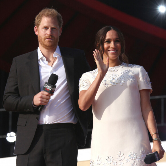 Le prince Harry, duc de Sussex et Meghan Markle sur la scène du "Global Citizen Live Festival" à Central Park à New York, le 25 septembre 2021.