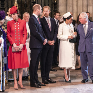 Catherine Kate Middleton, duchesse de Cambridge, le prince William, duc de Cambridge, le prince Harry, duc de Sussex, Meghan Markle, enceinte, duchesse de Sussex, le prince Charles, prince de Galles lors de la messe en l'honneur de la journée du Commonwealth à l'abbaye de Westminster à Londres le 11 mars 2019.