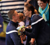 Laure Manaudou avec sa fille Manon felicite son compagnon Frederick Bousquet, vainqueur du relais masculin 4x50m 4 nages lors des Championnats d' Europe de Natation a Chartres le 22 novembre 2012.
