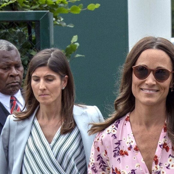 Pippa Middleton arrive pour assister à la finale homme du tournoi de Wimbledon "Novak Djokovic - Roger Federer" à Londres, le 14 juillet 2019.
