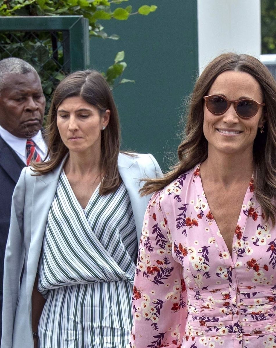 Pippa Middleton arrive pour assister à la finale homme du tournoi de Wimbledon "Novak Djokovic - Roger Federer" à Londres, le 14 juillet 2019.