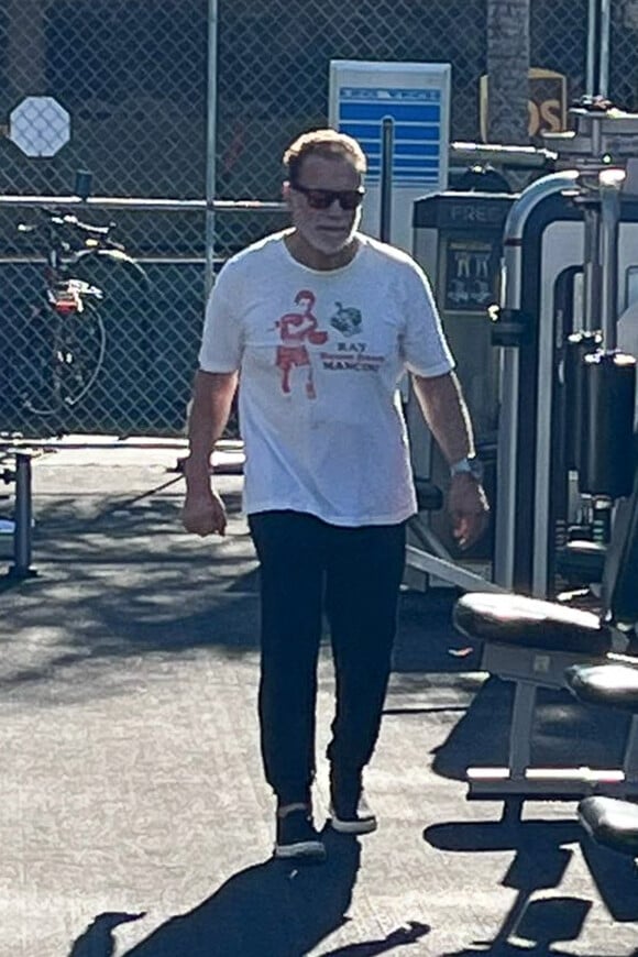 Au lendemain de son accident de voiture, Arnold Schwarzenegger fait sa séance de gym en extérieur à Santa Monica, le 22 janvier 2022.