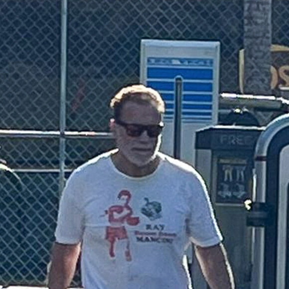 Au lendemain de son accident de voiture, Arnold Schwarzenegger fait sa séance de gym en extérieur à Santa Monica, le 22 janvier 2022.