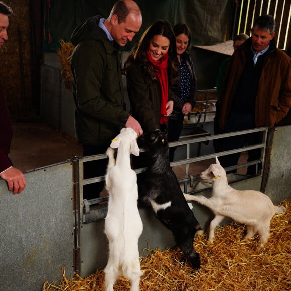 Le prince William, duc de Cambridge, et Catherine (Kate) Middleton, duchesse de Cambridge, lors d'une visite d'une ferme caprine à Pant Farm au Pays de Galles, Royaume Uni, le 1 mars 2022.