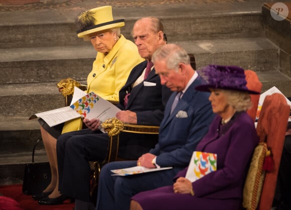 La reine Elisabeth II d'Angleterre, le prince Philip, duc d'Edimbourg, le prince Charles et Camilla Parker Bowles, duchesse de Cornouailles - Messe des jeux du Commonwealth à l'Abbaye de Westminster à Londres. Le 13 mars 2017 