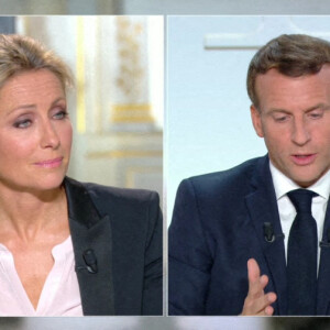 Anne-Sophie Lapix - Le président Emmanuel Macron intervient à la télévision pour annoncer un couvre-feu dans les zones les plus touchées par l'épidémie de coronavirus (COVID-19) le 14 octobre 2020.