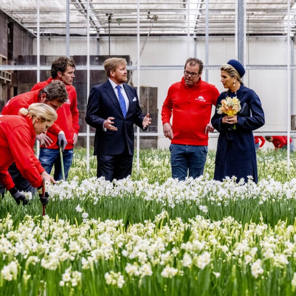 Le roi Willem-Alexander et la reine Maxima des Pays-Bas visitent un producteur de bulbes à fleurs à Teylingen, le 7 avril 2022. 