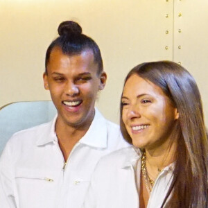 Stromae et sa femme Coralie Barbier sont venus présenter au Bon Marché la 5 ème collection de vêtements de leur marque Moseart en avril 2018.