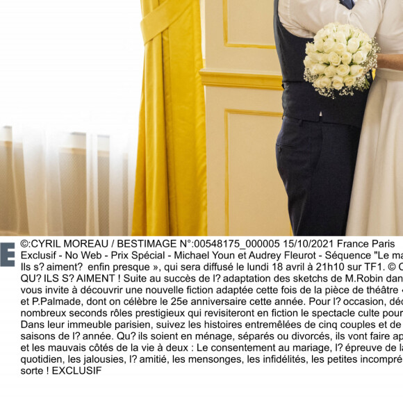 Exclusif - Michaël Youn et Audrey Fleurot - Séquence "Le mariage" - Tournage du téléfilm " Ils s'aiment... enfin presque ", qui sera diffusé le lundi 18 avril à 21h10 sur TF1. © Cyril Moreau / Bestimage 