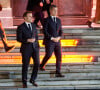 Le président Emmanuel Macron, accompagné par Gérald Darmanin, ministre de l'Intérieur, intervient lors d'une réunion informelle des ministres de l'Intérieur de l'union européenne à Tourcoing dans le Nord le 2 février 2022