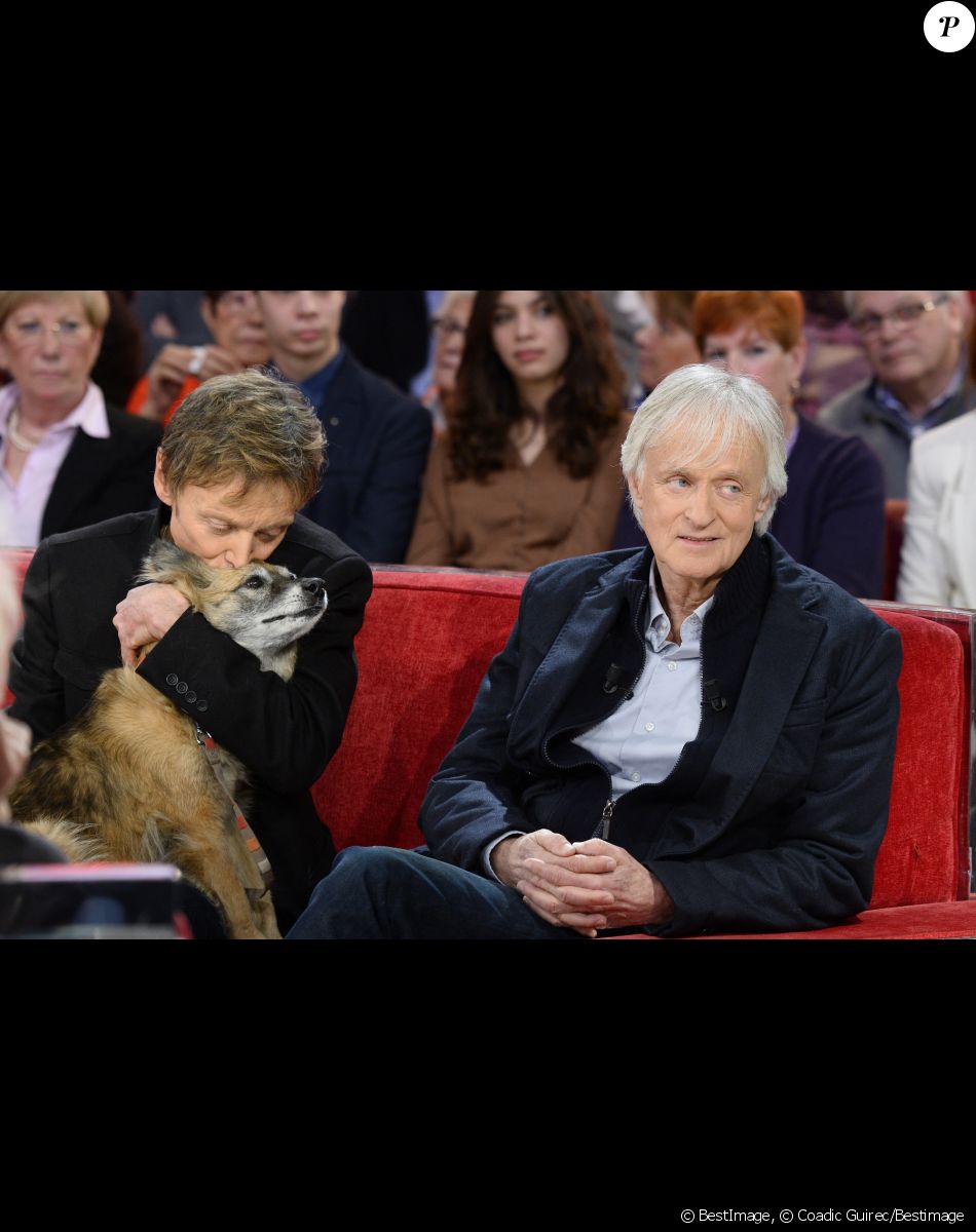 Dave et son compagnon Patrick Loiseau avec leur chien - Enregistrement de l'émission "Vivement Dimanche" à Paris le 24 février 2016 et qui sera diffusée le 28 février. © Coadic Guirec/Bestimage
