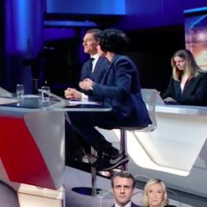 Capture d'écran du plateau de la soirée électorale de TF1 le dimanche 24 avril 2022 pour commenter la victoire d'Emmanuel Macron. Rachida Dati est l'une des invitées et s'est fait remarquer pour ses jolies baskets