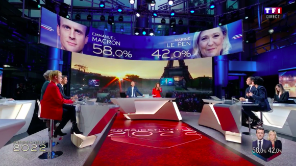 Capture d'écran du plateau de la soirée électorale de TF1 le dimanche 24 avril 2022 pour commenter la victoire d'Emmanuel Macron. Rachida Dati est l'une des invitées et s'est fait remarquer pour ses jolies baskets