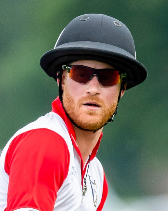 Le prince Harry, duc de Sussex lors d'un match de polo de bienfaisance King Power Royal Charity Polo Day à Wokinghan, comté de Berkshire, Royaume Uni, le 10 juillet 2019. 