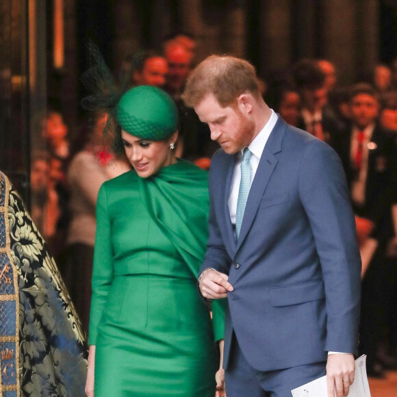 Le prince Harry, duc de Sussex, et Meghan Markle, duchesse de Sussex - La famille royale d'Angleterre à la sortie de la cérémonie du Commonwealth en l'abbaye de Westminster à Londres, le 9 mars 2020. 